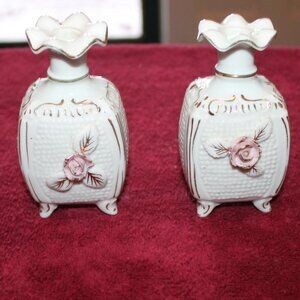 Vintage Benson Hand Painted Vase Germany White With Rose 4" tall -set of 2